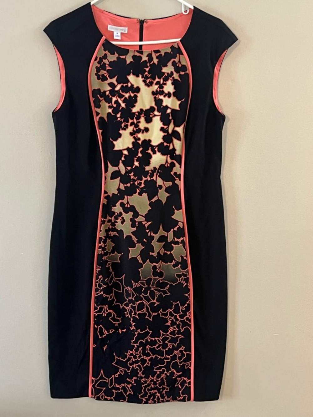 London Times Black Midi Dress Coral Gold Floral Panel Size 14 Elegant/Work/Party